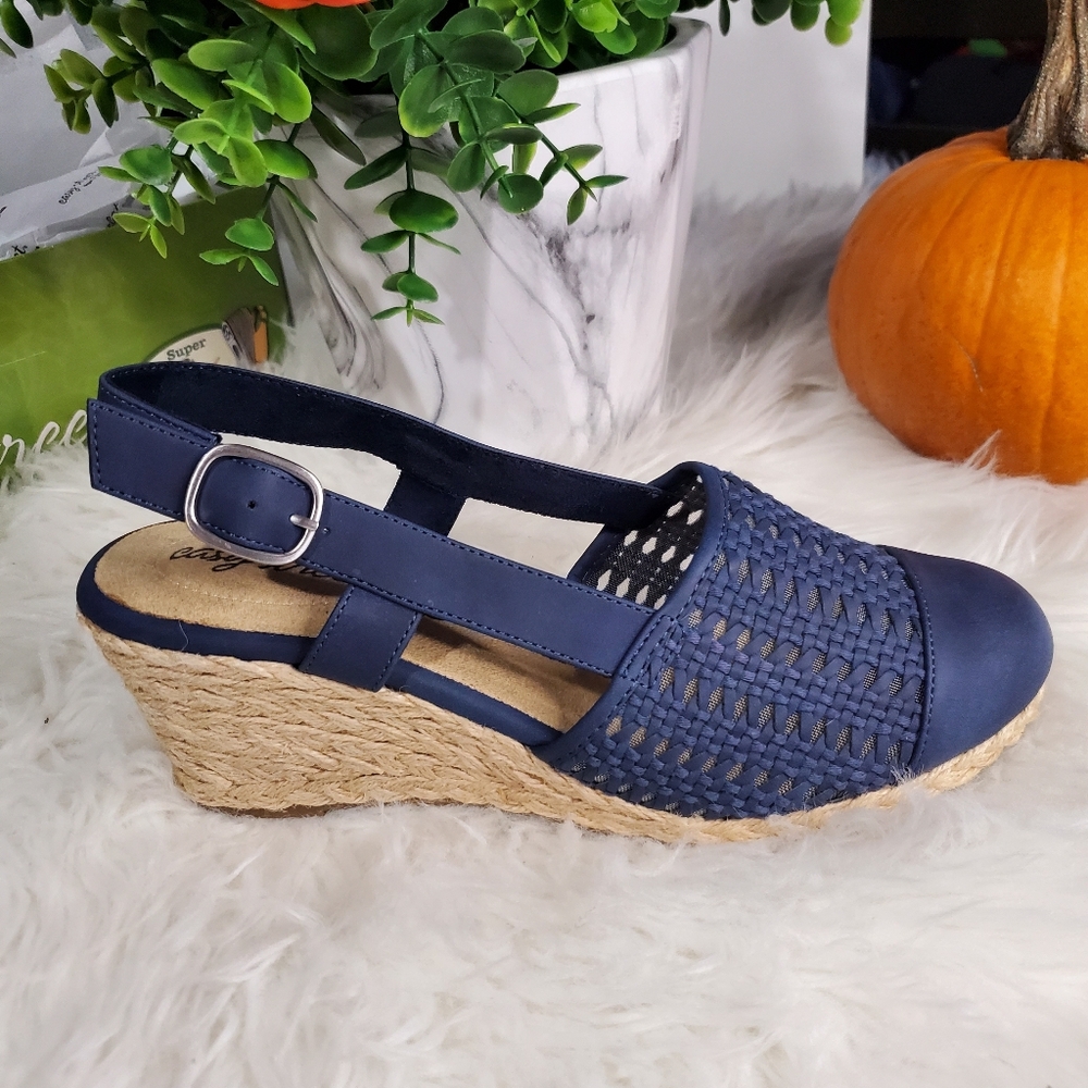 NEW Easy Street Women’s Taffy Slingback Espadrille Wedge Sandals Navy Size 10M